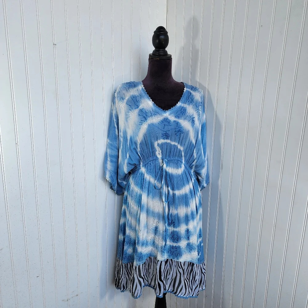 Blue Island Beach Cover Up Dress Blue WHITE Tie Dye Rayon Embroidered S / M